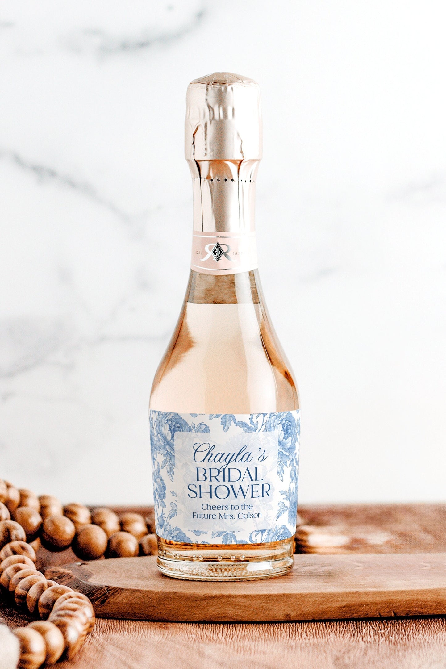 Blue Floral Bridal Shower Mini Champagne Labels, Chinoiserie Bridal Shower Favor, Vintage Something Blue Bridal Shower Gift, French Shower