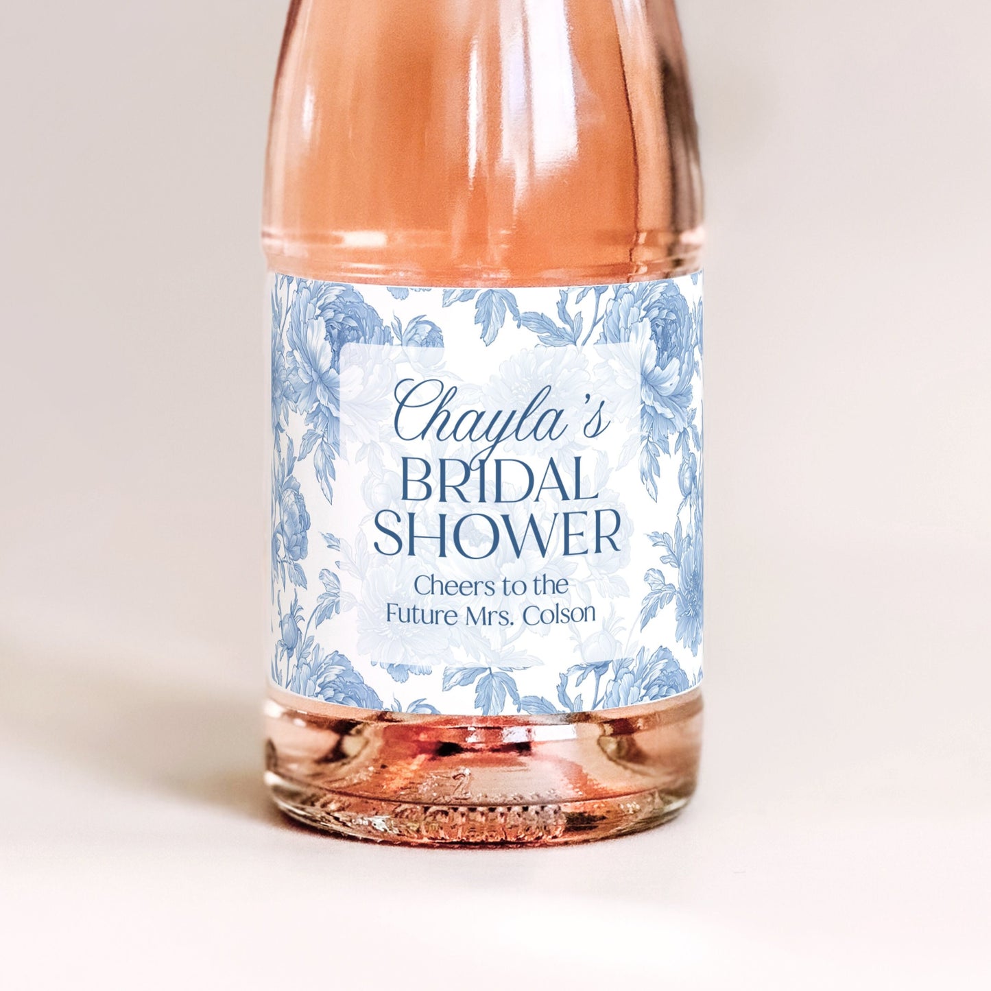 Blue Floral Bridal Shower Mini Champagne Labels, Chinoiserie Bridal Shower Favor, Vintage Something Blue Bridal Shower Gift, French Shower