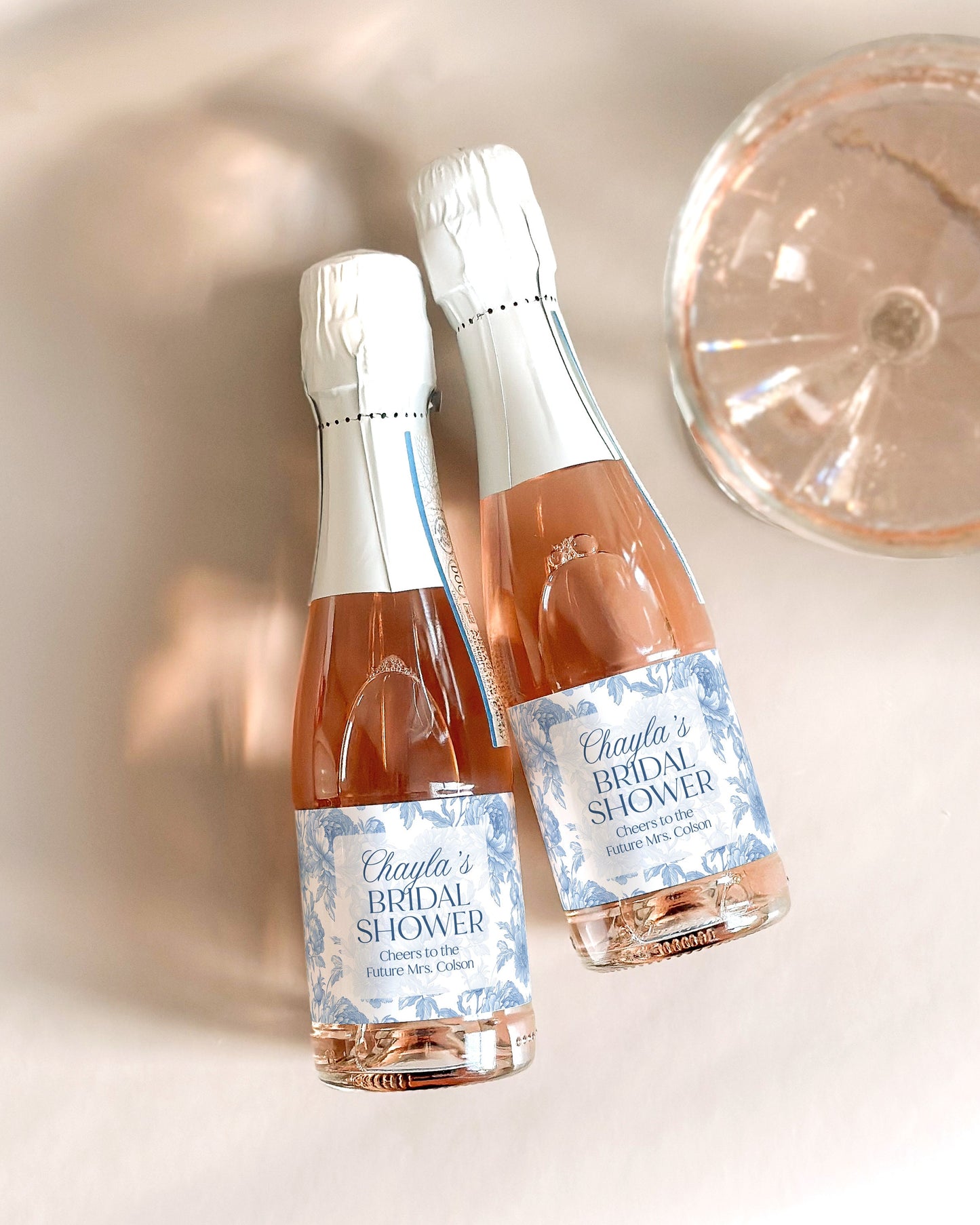 Blue Floral Bridal Shower Mini Champagne Labels, Chinoiserie Bridal Shower Favor, Vintage Something Blue Bridal Shower Gift, French Shower