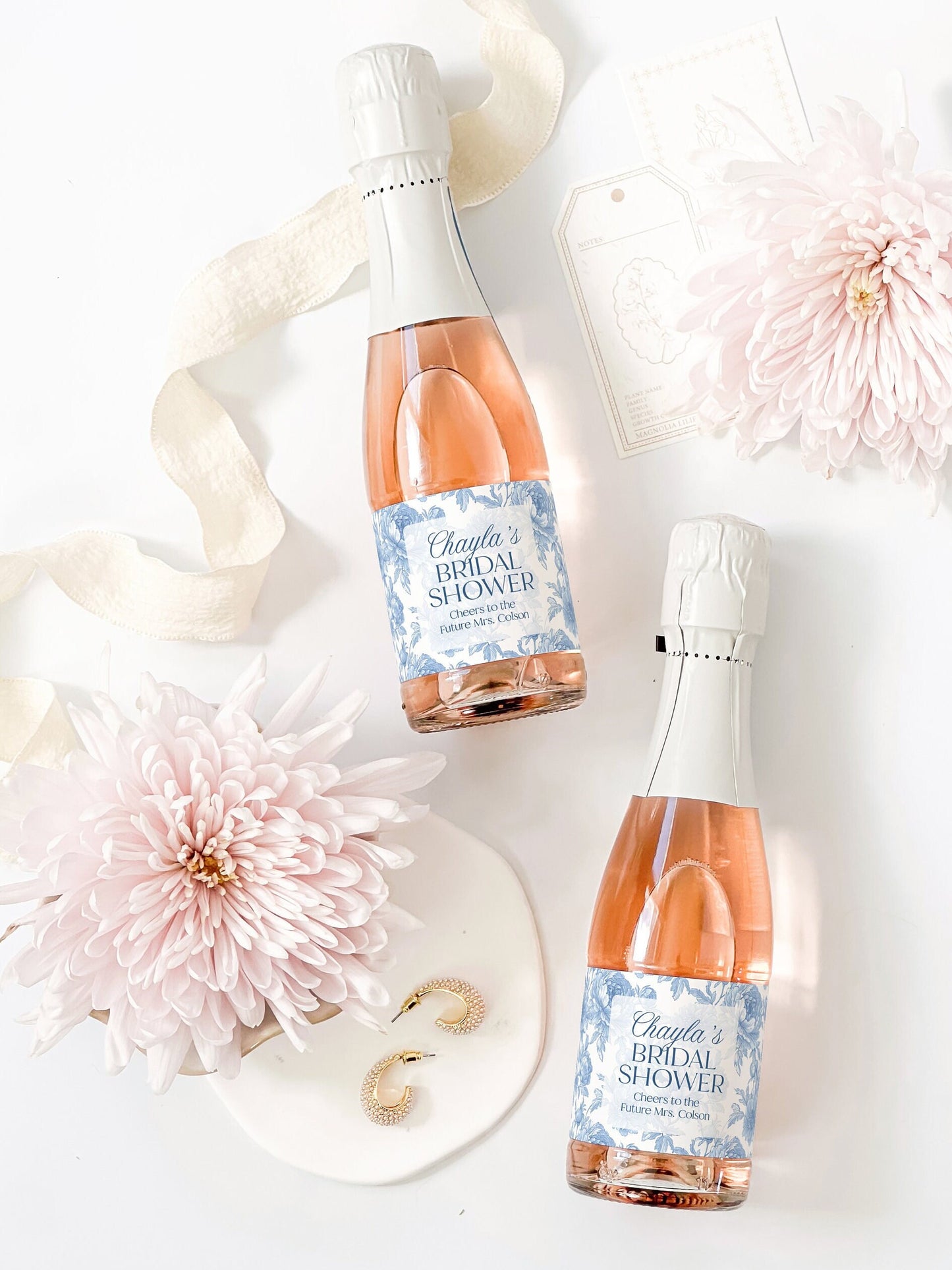 Blue Floral Bridal Shower Mini Champagne Labels, Chinoiserie Bridal Shower Favor, Vintage Something Blue Bridal Shower Gift, French Shower