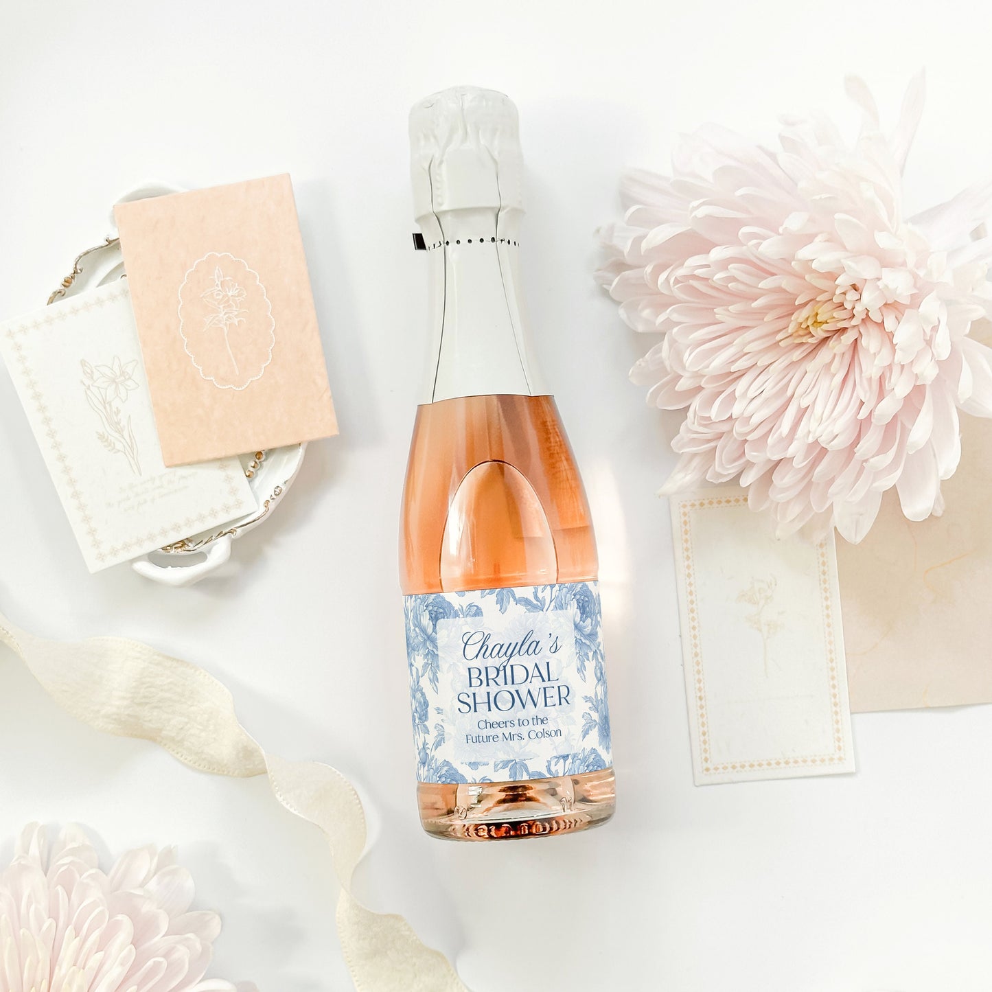 Blue Floral Bridal Shower Mini Champagne Labels, Chinoiserie Bridal Shower Favor, Vintage Something Blue Bridal Shower Gift, French Shower
