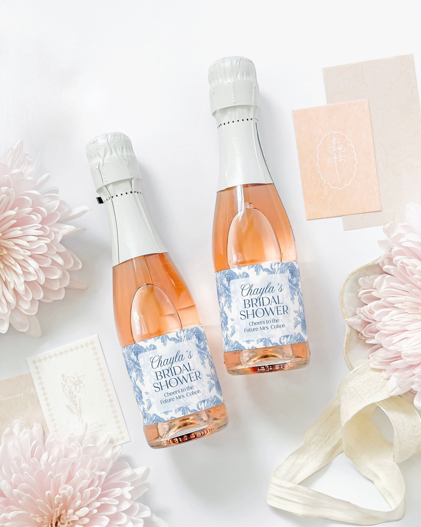Blue Floral Bridal Shower Mini Champagne Labels, Chinoiserie Bridal Shower Favor, Vintage Something Blue Bridal Shower Gift, French Shower
