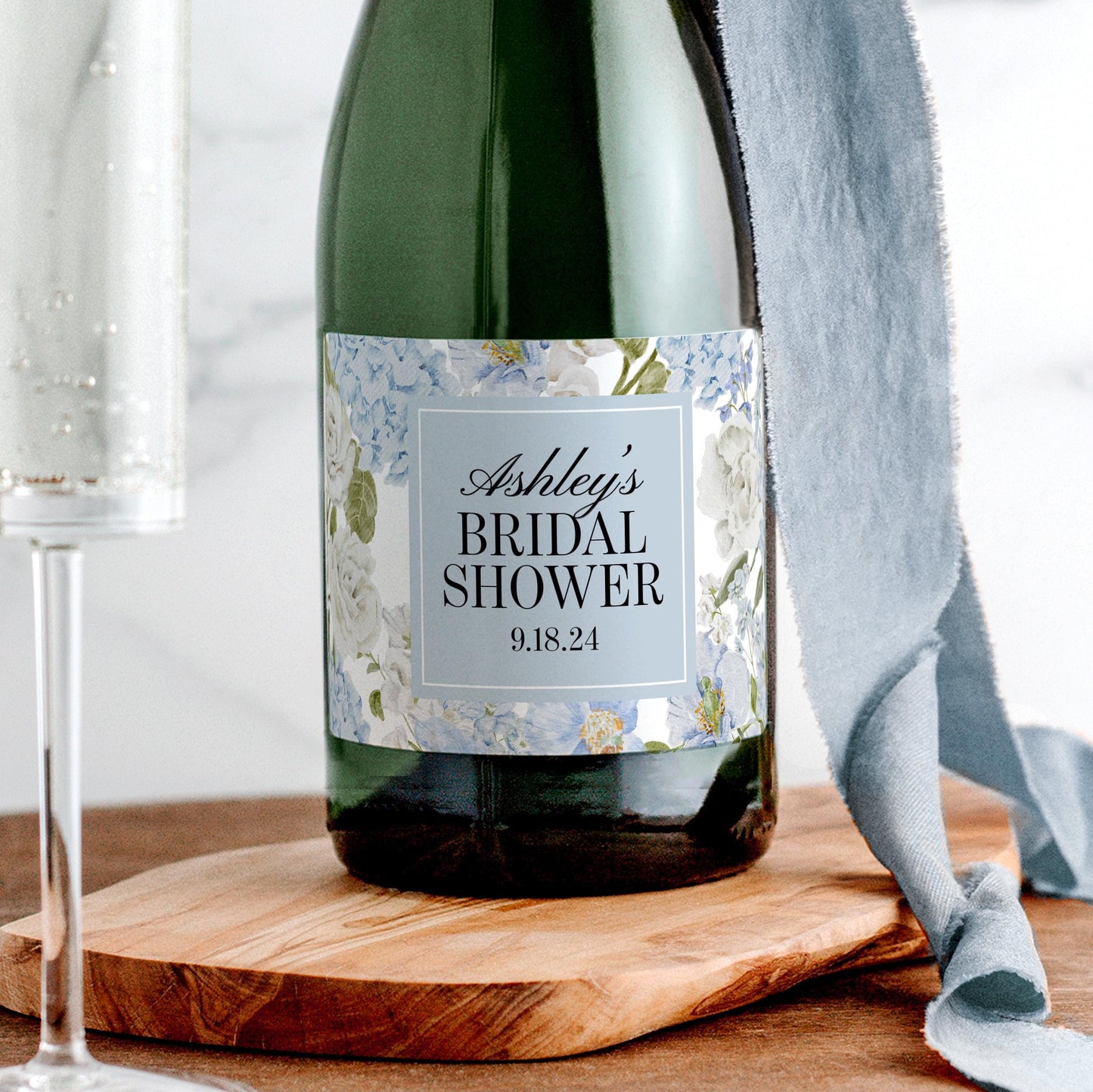 Blue Floral Bachelorette Champagne Labels, Garden Bridal Shower Champagne Bottle Stickers, Chinoiserie Elegant Bachelorette Bridal Shower