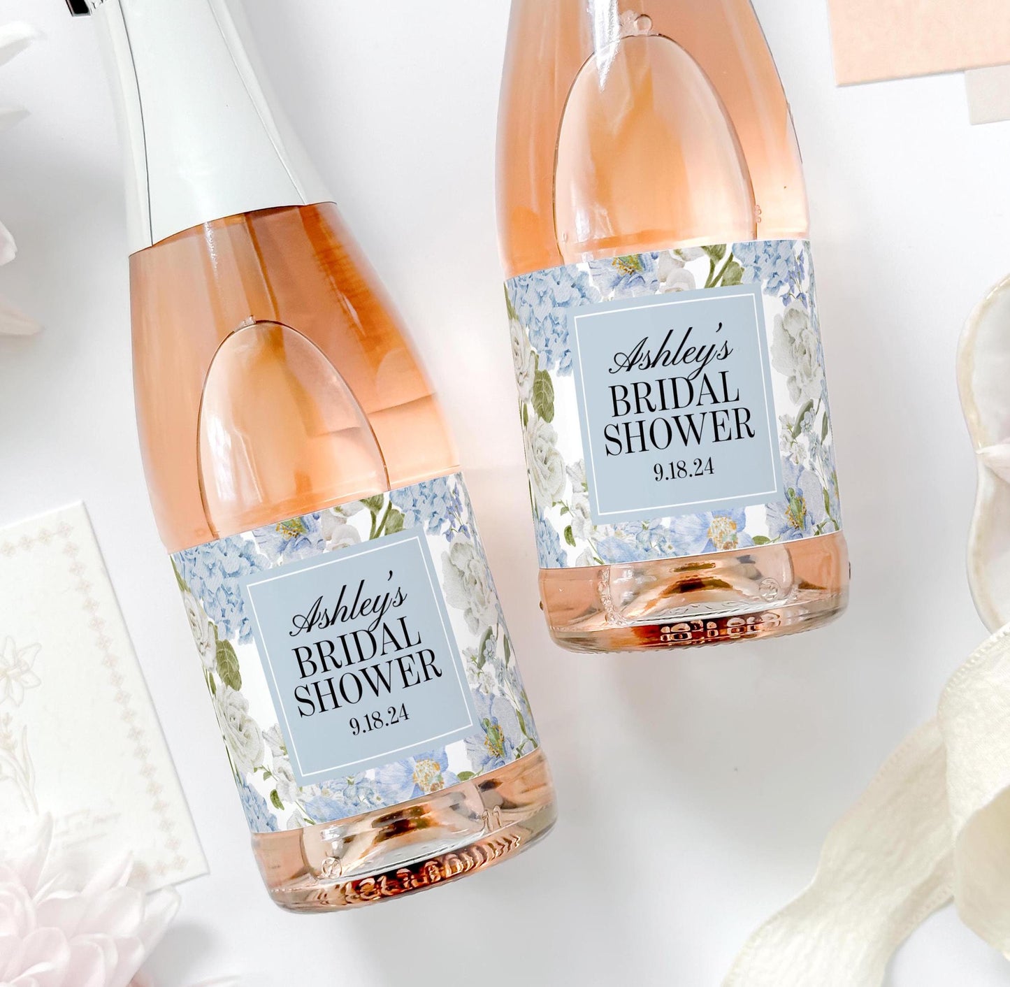 Blue Floral Bachelorette Champagne Labels, Garden Bridal Shower Champagne Bottle Stickers, Chinoiserie Elegant Bachelorette Bridal Shower