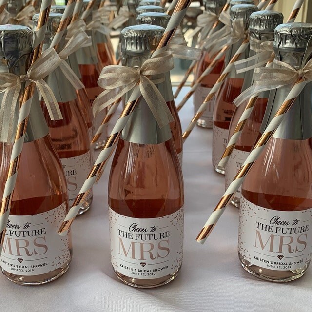 Set of Bridal Shower Mini Champagne Labels - Cheers to the Future Mrs Bachelorette Party Favors Faux Glitter Miss to Mrs.