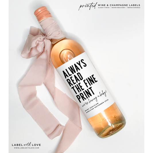 Funny Pregnancy Announcement Wine Labels - "Always Read the Fine Print" Pregnancy Reveal Idea | Pregnancy Gift for Grandparents | Auntie Gift  - BRIT