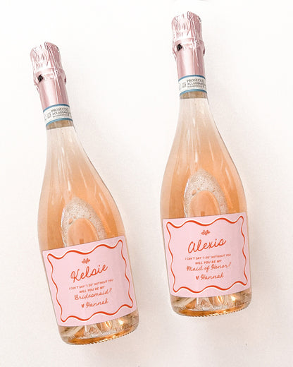 Wavy Bridesmaid Proposal Wine Labels, Quirky Maid of Honor Proposal, Pink Bridesmaid Champagne Label, Bridesman Gift, Officiant Proposal, BI