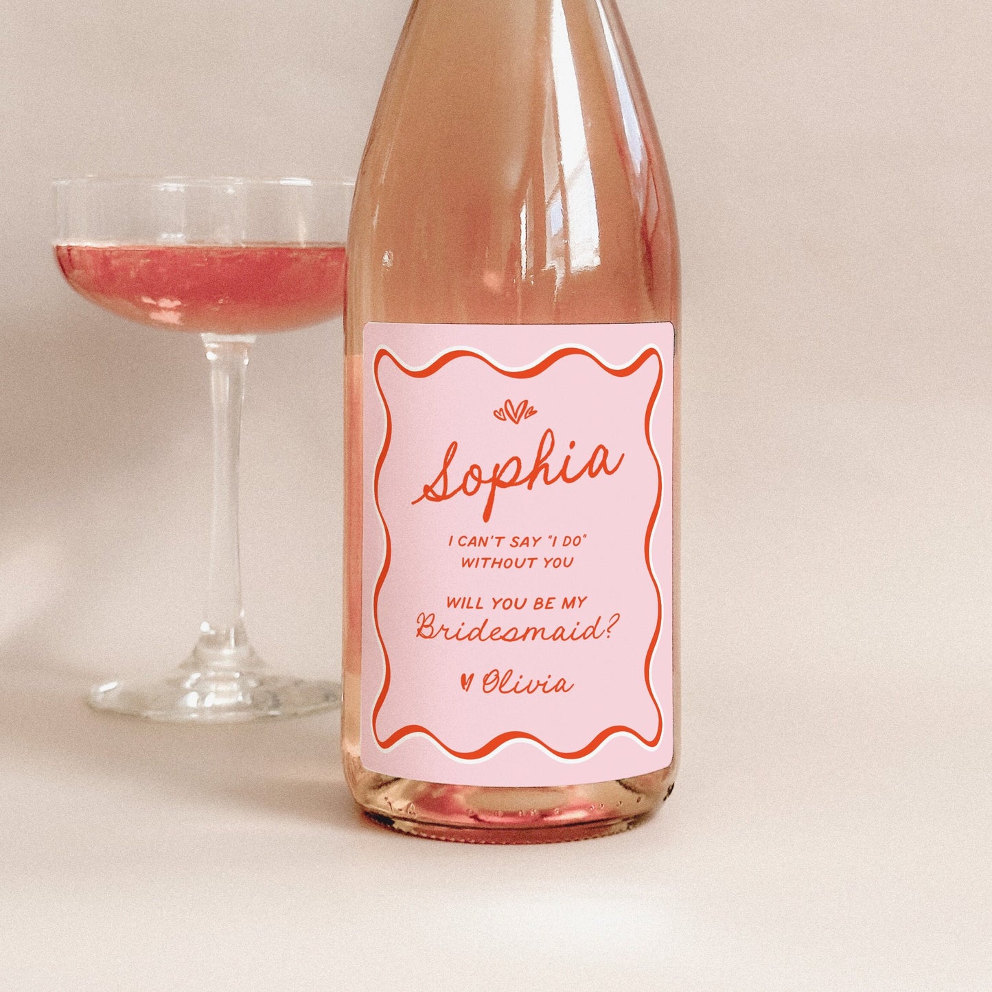 Wavy Bridesmaid Proposal Wine Labels, Quirky Maid of Honor Proposal, Pink Bridesmaid Champagne Label, Bridesman Gift, Officiant Proposal, BI