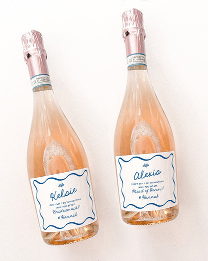 Whimsical Wavy Bridesmaid Proposal Wine Label | Mediterranean Maid of Honor Proposal | Something Blue Bridesmaid Champagne Label | Officiant Proposal Gift