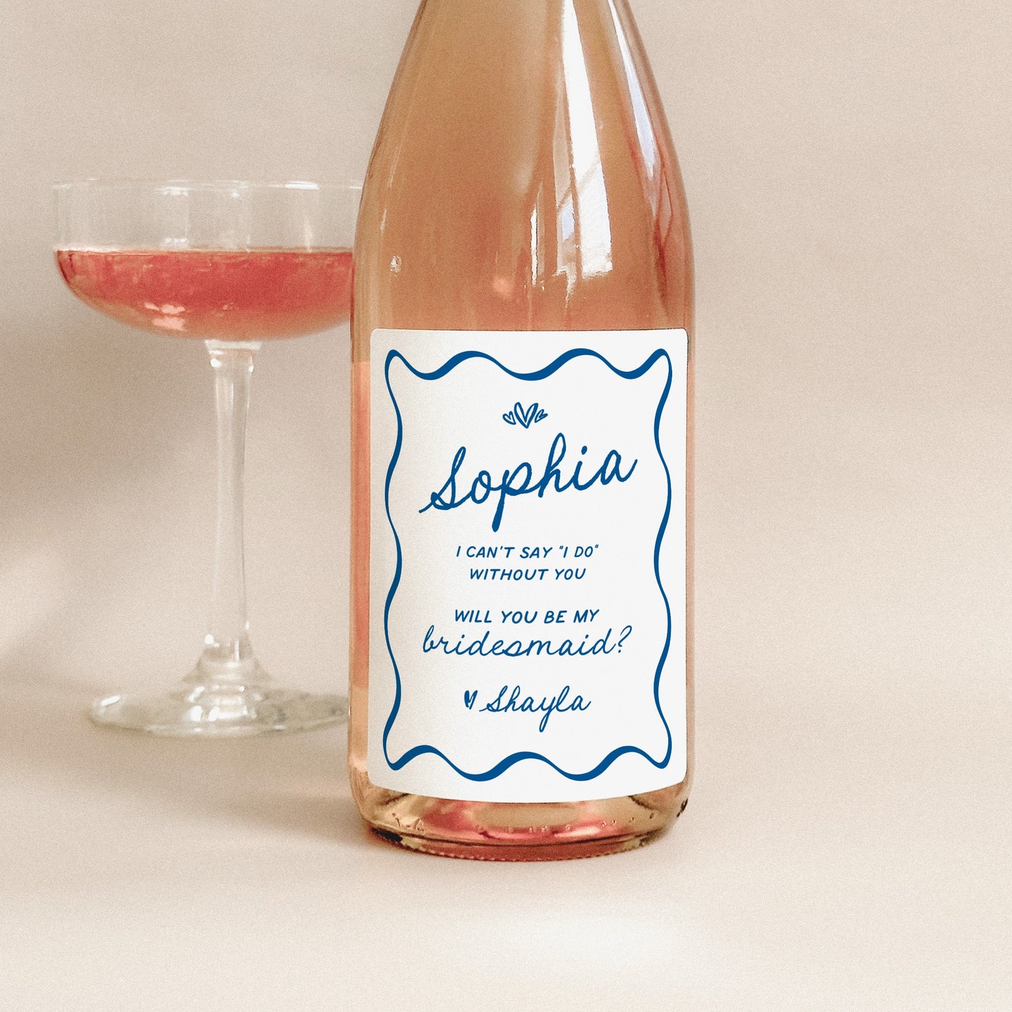 Whimsical Wavy Bridesmaid Proposal Wine Label | Mediterranean Maid of Honor Proposal | Something Blue Bridesmaid Champagne Label | Officiant Proposal Gift