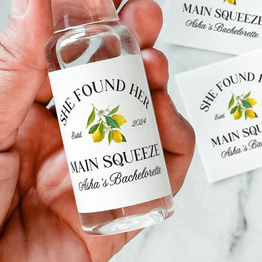 She Found Her Main Squeeze, 50 mL Liquor Labels, Lemon Bridal Shower Favor, Bachelorette Party Favor, Lemon Bridal Shower, Limoncello Gift