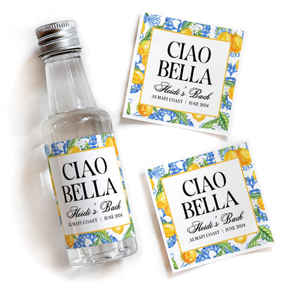 Italian Summer Bachelorette Shot Bottle Labels | Ciao Bella Lemon Bridal Shower Favor | Limoncello Mediterranean Bridal Shower Favor | 50 mL Liquor Label