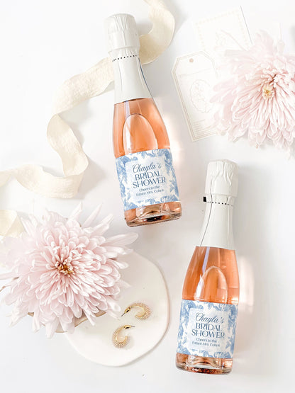 Blue Floral Bridal Shower Mini Champagne Labels, Chinoiserie Bridal Shower Favor, Vintage Something Blue Bridal Shower Gift, French Shower
