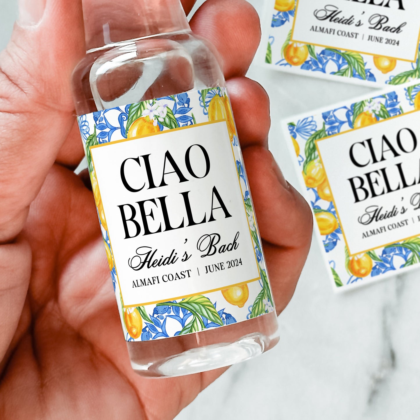 Italian Summer Bachelorette Shot Bottle Labels | Ciao Bella Lemon Bridal Shower Favor | Limoncello Mediterranean Bridal Shower Favor | 50 mL Liquor Label