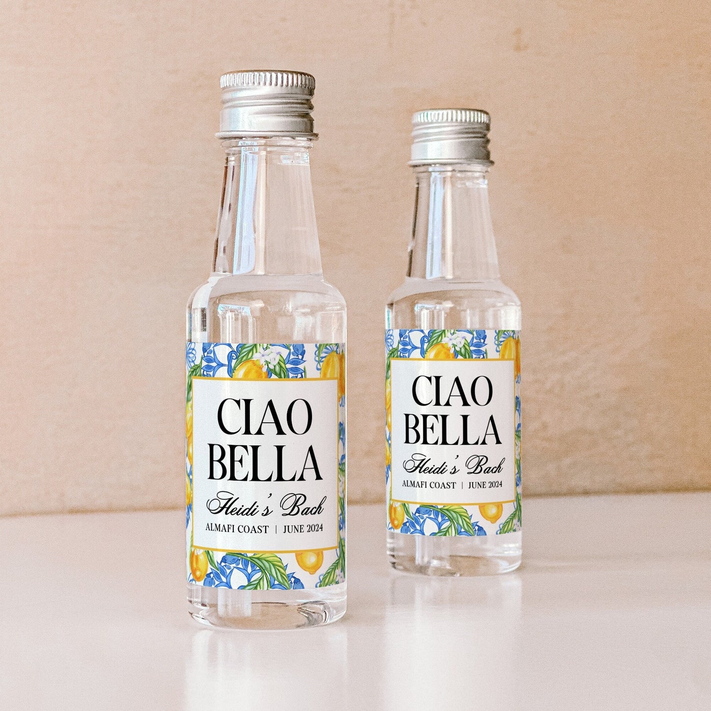 Italian Summer Bachelorette Shot Bottle Labels | Ciao Bella Lemon Bridal Shower Favor | Limoncello Mediterranean Bridal Shower Favor | 50 mL Liquor Label