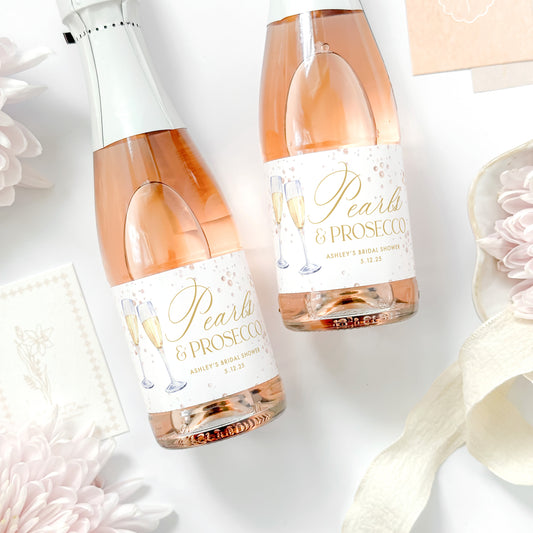 Pearls and Prosecco Bachelorette Champagne Labels, Pearl Bridal Shower Champagne Bottle Stickers, Elegant Bachelorette Bridal Shower Favor