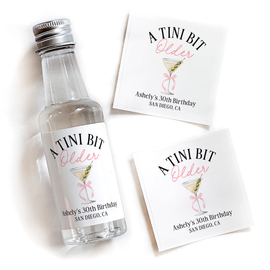 A Tini Bit Older Birthday Liquor Bottle Favors | Martini 30th Birthday Gift Idea | It's Tini Time 40th Birthday Tequila Shot Labels