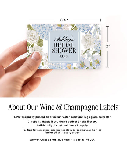Blue Floral Bachelorette Champagne Labels, Garden Bridal Shower Champagne Bottle Stickers, Chinoiserie Elegant Bachelorette Bridal Shower