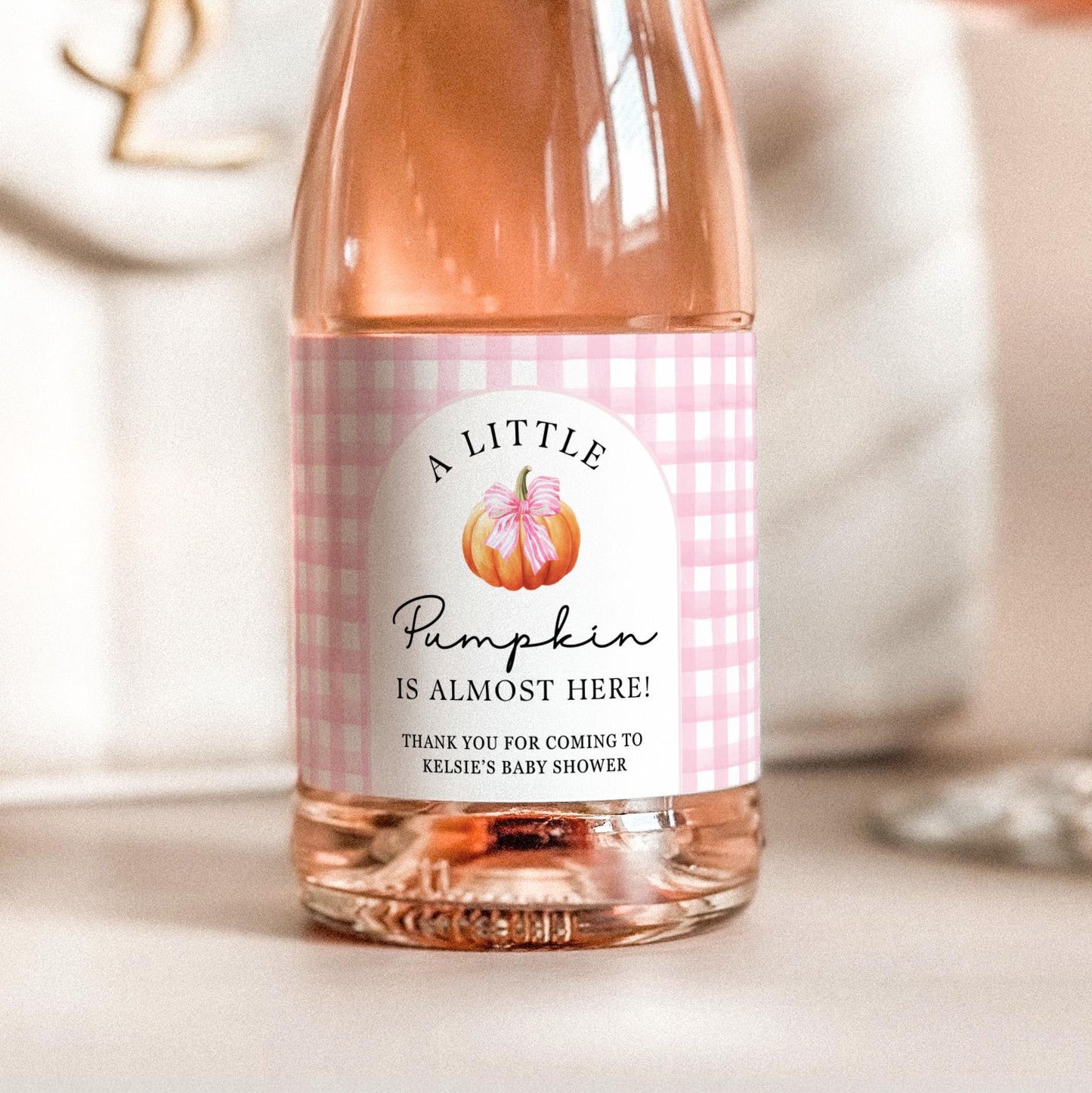 Pumpkin Fall Baby Shower Favor - Mini Champagne Labels - Pink Plaid Baby Shower Gift for Guests Baby Shower Favor Prosecco Baby Shower