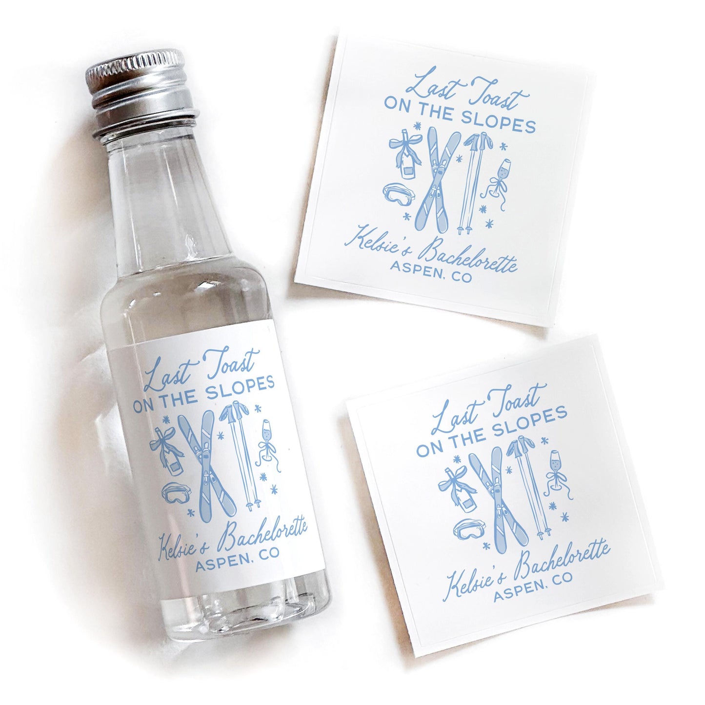 Last Toast on the Slopes Bachelorette Shooter Labels, Apres Ski Bachelorette Tequila Stickers, Aspen Ski Bachelorette Favor Liquor Label