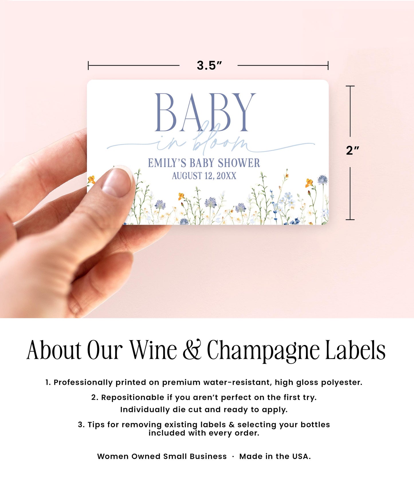 Baby Shower Favor Mini Champagne Labels, Baby In Bloom Baby Shower Favor, Pop and Cheer Floral Baby Sprinkle, Custom Blue Baby Shower Label