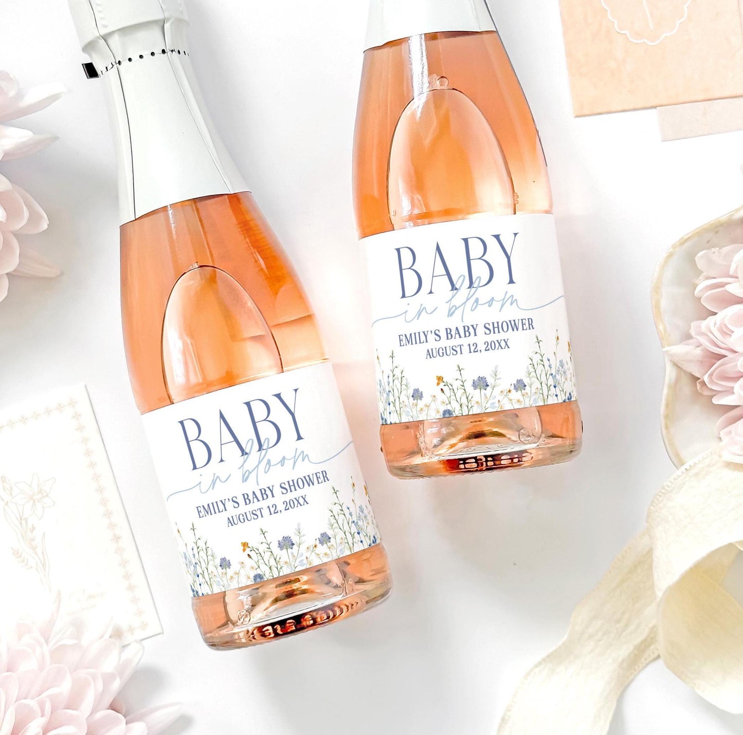 Baby Shower Favor Mini Champagne Labels, Baby In Bloom Baby Shower Favor, Pop and Cheer Floral Baby Sprinkle, Custom Blue Baby Shower Label