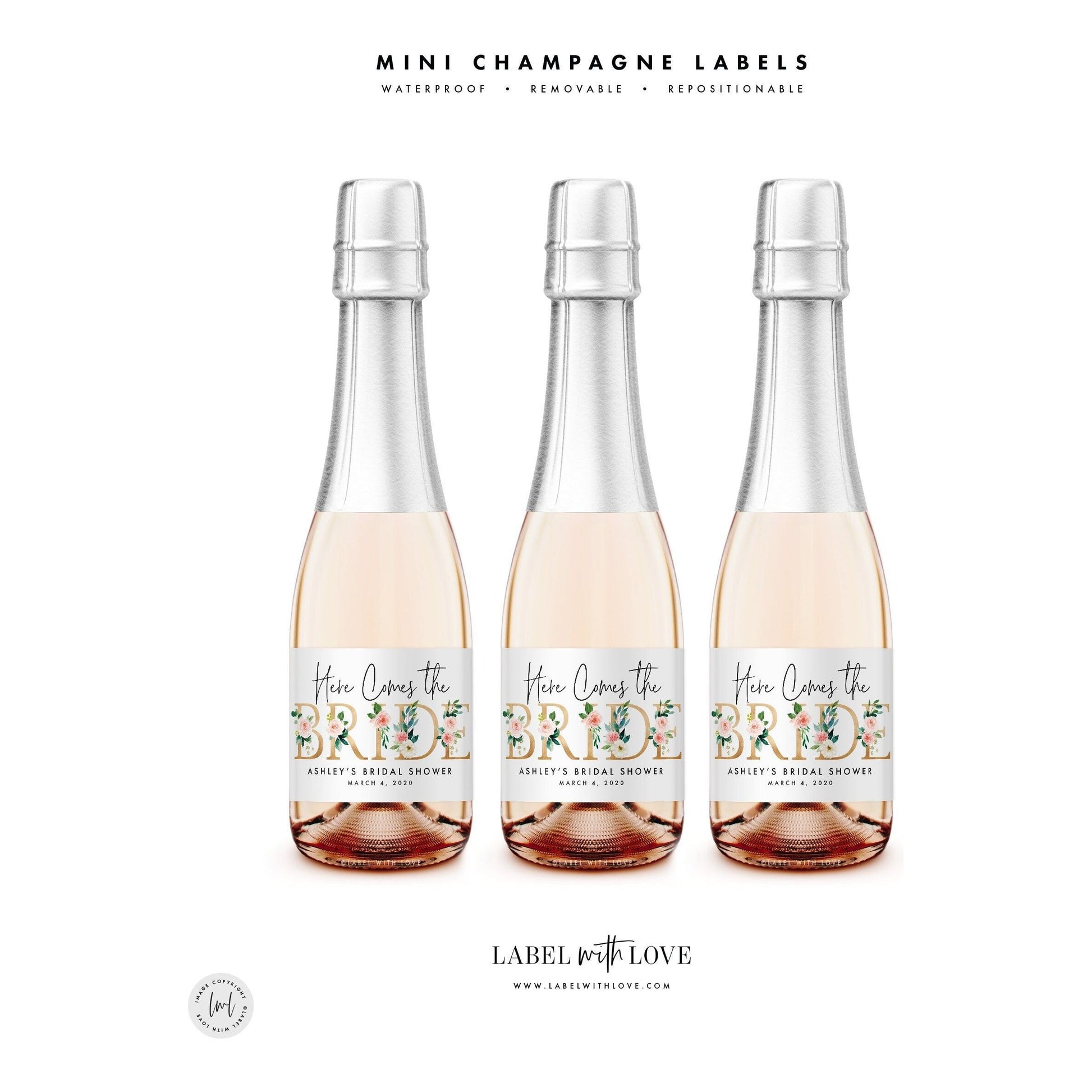 Here Comes the Bride Bridal Shower Mini Champagne Labels - Cheers to the Future Mrs Bachelorette Party Favors Miss to Mrs. Floral