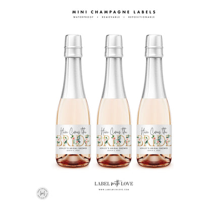 Here Comes the Bride Bridal Shower Mini Champagne Labels - Cheers to the Future Mrs Bachelorette Party Favors Miss to Mrs. Floral