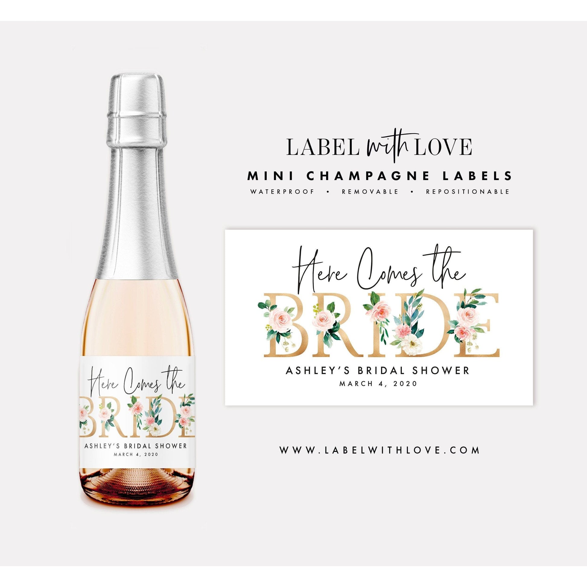 Here Comes the Bride Bridal Shower Mini Champagne Labels - Cheers to the Future Mrs Bachelorette Party Favors Miss to Mrs. Floral