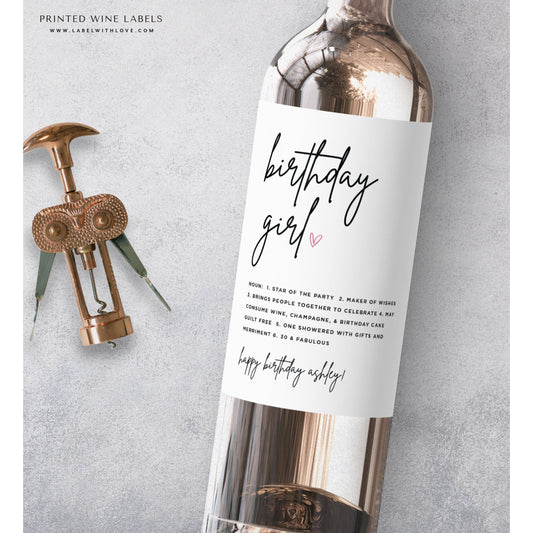 Birthday Wine Label, 30th Birthday Wine Bottle Label, 21st 40th 50th Milestone Birthday Girl Wine Label, Birthday Gift idea