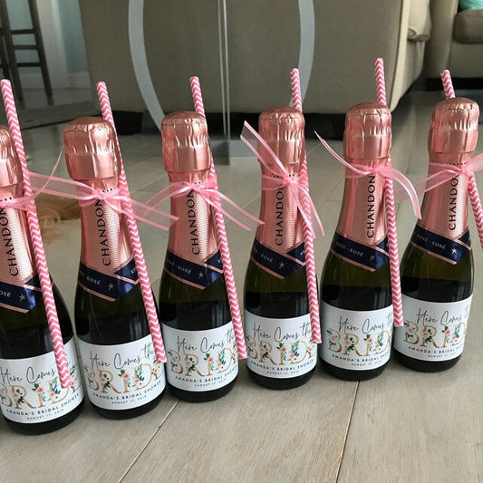 Here Comes the Bride Bridal Shower Mini Champagne Labels - Cheers to the Future Mrs Bachelorette Party Favors Miss to Mrs. Floral
