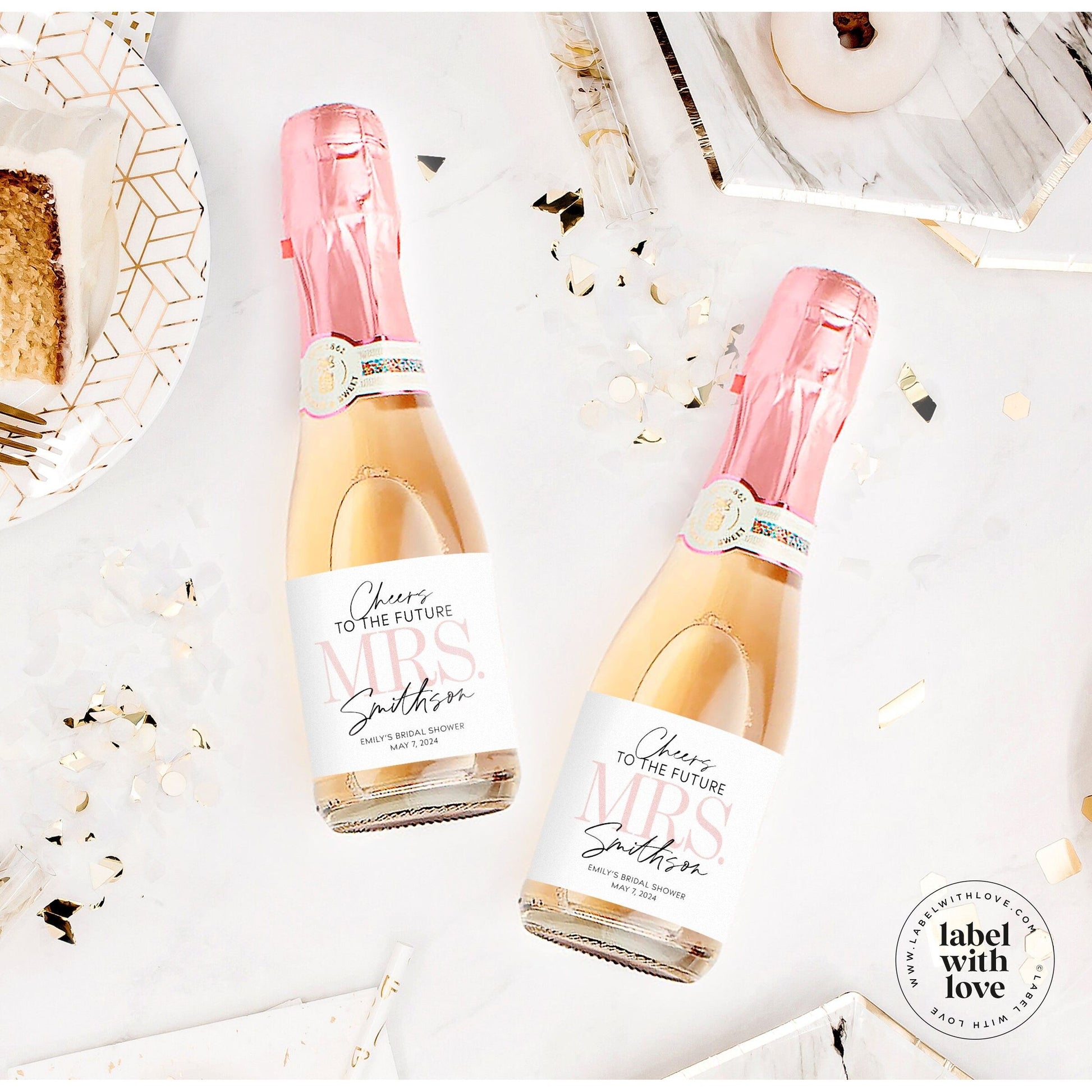 Set of Bridal Shower Mini Champagne Labels - Cheers to the Future Mrs Bachelorette Party Favors Miss to Mrs.