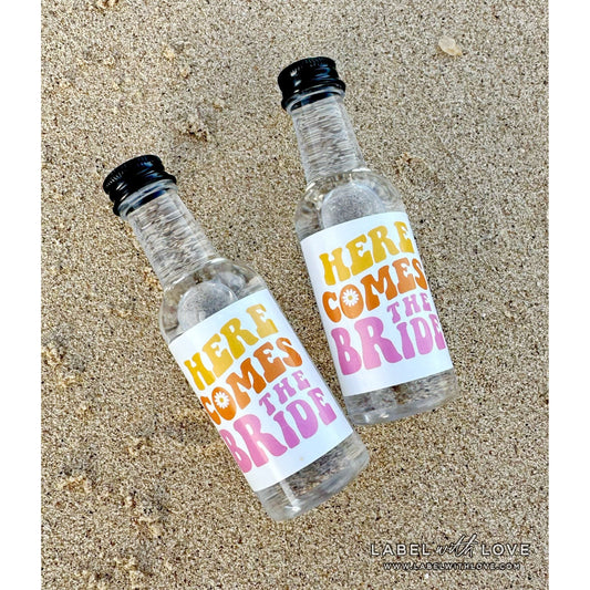 Groovy Bachelorette Party Mini Liquor Labels | Here Comes The Bride Hippy Tequila Stickers | Pink Orange Vodka Shooter Bridal Shower Favors